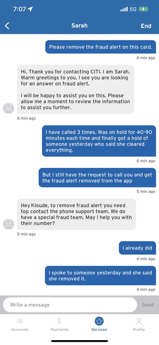 TheKloude's tweet photo. @Citi so I’m chatting on the app and clearly you don’t allow your reps to make any meaningful changes via chat. Even when they see the actions of the previous rep I spoke to when I called. So what’s the point? https://t.co/1tB4UuKrBQ