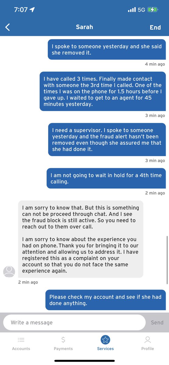 TheKloude's tweet photo. @Citi so I’m chatting on the app and clearly you don’t allow your reps to make any meaningful changes via chat. Even when they see the actions of the previous rep I spoke to when I called. So what’s the point? https://t.co/1tB4UuKrBQ