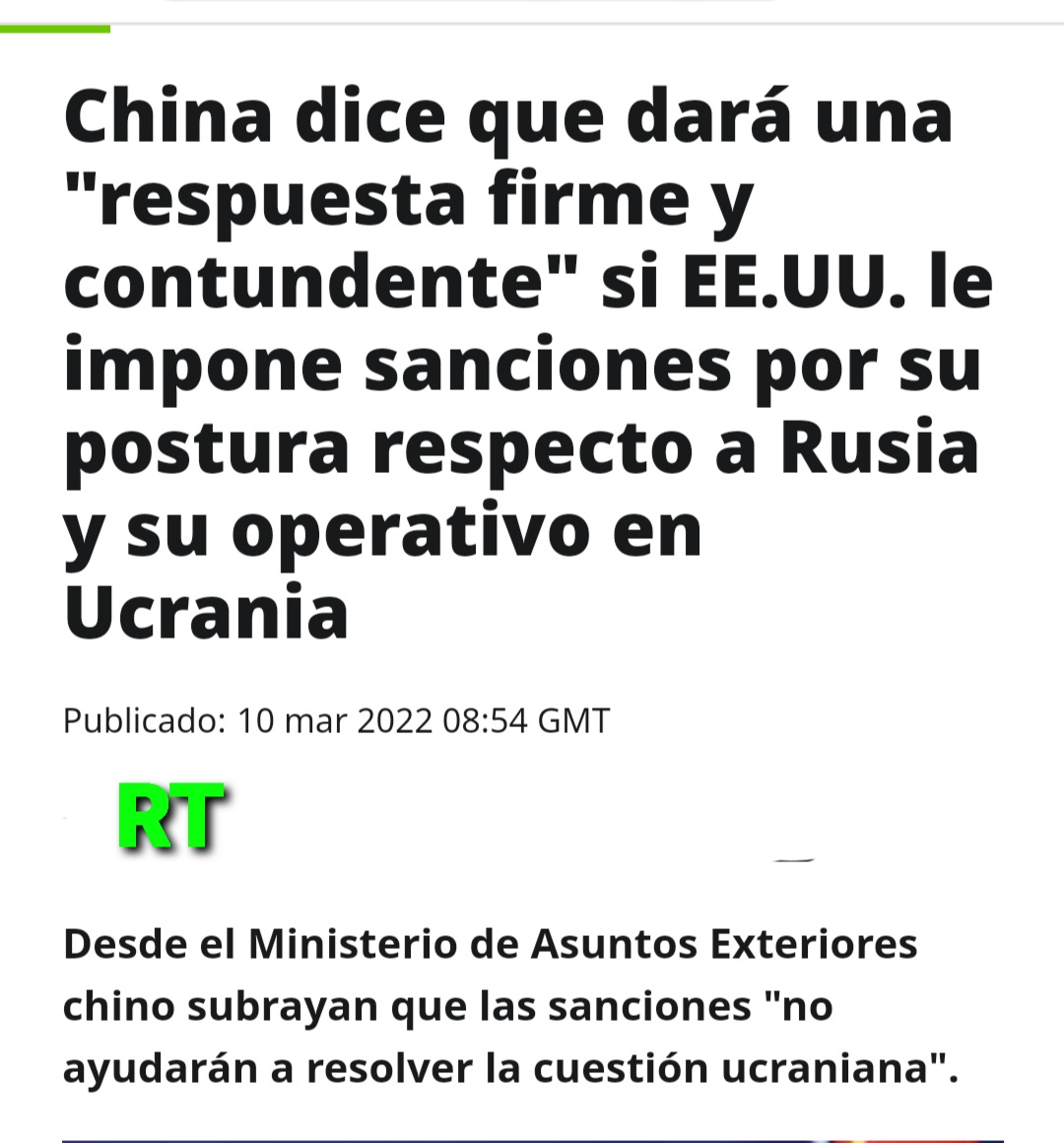 "CHINA DARÁ RESPUESTA FIRME Y CONTUNDENTE A EEUU"
"No debe imponer sanciones a empresas e individuos chinos ni dañar derechos e intereses legítimos de China por su relación con Rusia"
Sanciones:
No resuelven problemas
Crean otros
Múltiples pérdidas mutuas
Impide solución política