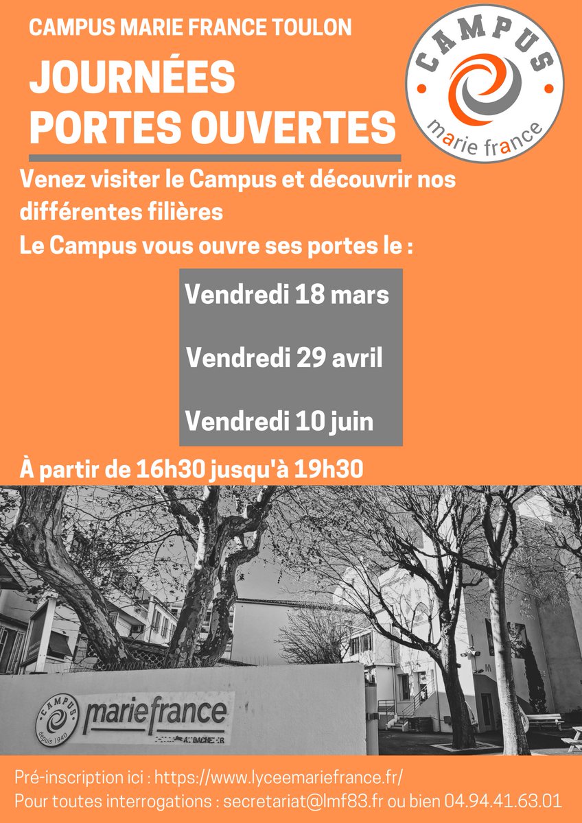 Journées portes ouvertes au Campus Marie France !

Venez nombreux pour découvrir toutes nos filières de la 3ème au Bachelor !

#campusmariefrance #lyceemariefrance #journeeportesouvertes #jpo