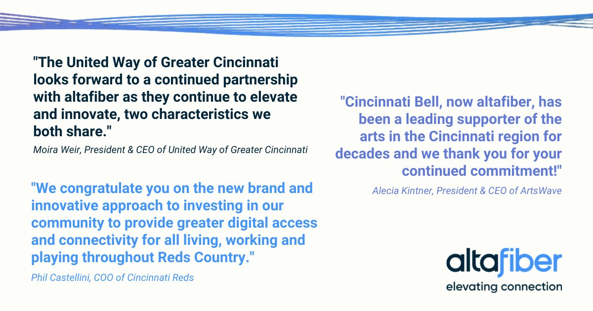 altafiber's tweet photo. We are grateful to have the support of hometown leaders and organizations. Thanks @UnitedWayGC, @Reds, and @ArtsWave for your partnership! As we transition from Cincinnati Bell to altafiber, we are excited to continue elevating our commitment to Cincinnati. #ItsInOurFiber https://t.co/jrABRRkRQw