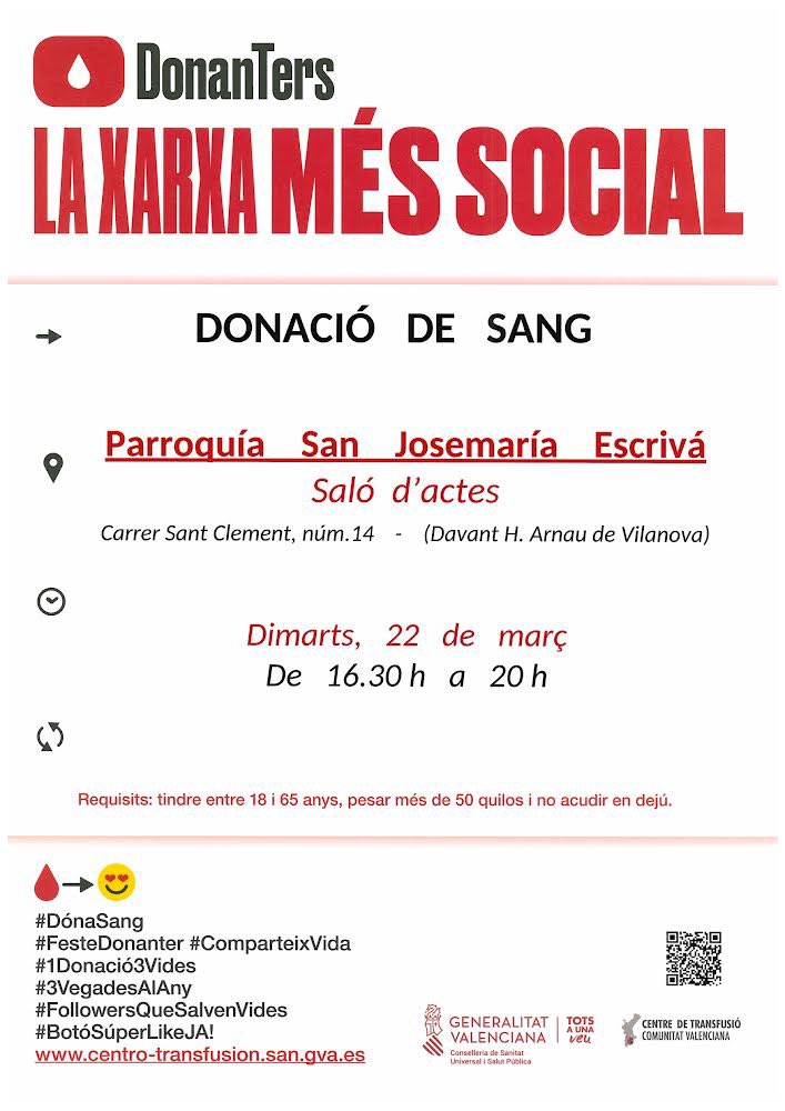 SanJosemariaVLC's tweet photo. El próximo martes 22 de marzo podrás #donarsangre en la parroquia de 16:30h a 20h. @GVAdonasang #Donaters❤️ #dónasang #FesteDonater #1Donació3vides https://t.co/IZKS3ife8I