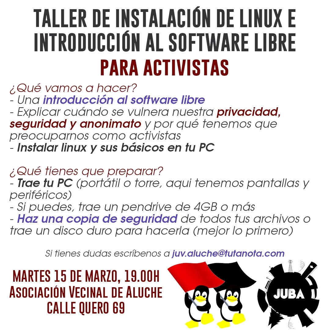 Si os preocupan la privacidad y seguridad de vuestros ordenadores y teléfonos vamos a hacer una quedada para para charlar, informar y cambiar a mejores prácticas y los sistemas operativos.

¡Os esperamos el martes 15 a las 19:00 en la Asociación de Vecinos de Aluche!