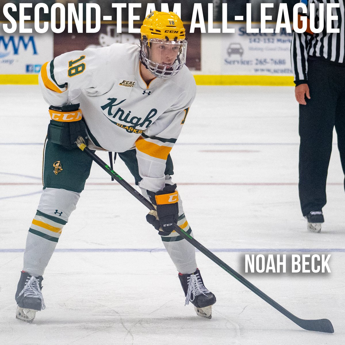 ecachockey's tweet photo. SECOND-TEAM DEFENSEMAN 🏆

Noah Beck was outstanding on both ends of the ice for @ClarksonMHockey this season. He registered 18 points and blocked 30 shots to help the Golden Knights earn the No. 2 seed in the post-season tournament.

#ECACHockey | #LetsGoTech https://t.co/NMkbtzTAxA