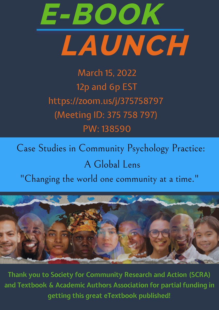 scra's tweet photo. Publishing textbooks on open educational resource platforms is a way of ensuring that often unheard BIPOC voices are amplified and help disrupt the biases in our educational systems. Next week join our members for a new e-textbook launch #div27 #SCRA #communitypsychology https://t.co/czAuuB1uWn