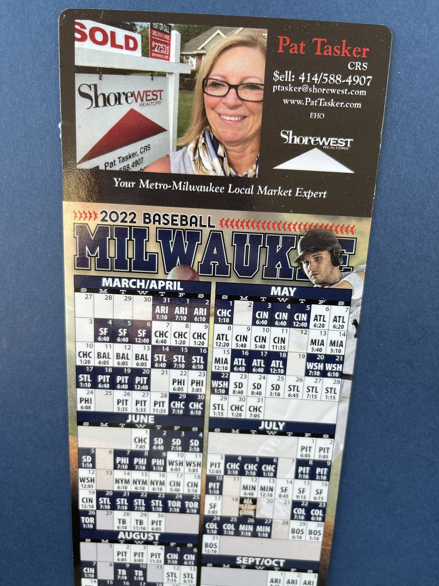 PositivePatti's tweet photo. Dropping off 2022 Brewer schedules! Hope they resolve their issues and are in the field soon! #ShorewestREALTORS® #MilwaukeeBrewers #SpringBaseball #PatTasker #LocalMarketExpert https://t.co/ZCL6V7or9P
