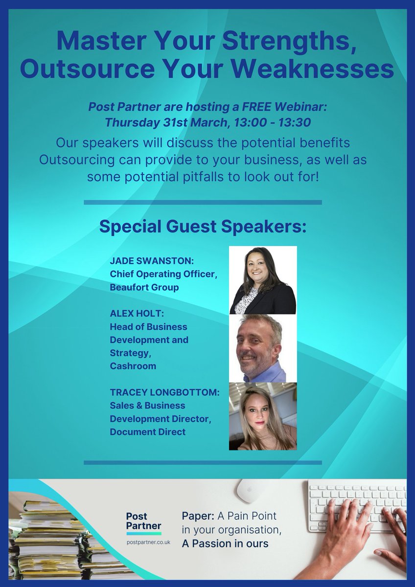 Post_Partner's tweet photo. If you're interested in the concept of Outsourcing, we have something for you!

Come along to our FREE webinar where our expert speakers will discuss Outsourcing and its effects on businesses!

Register by clicking on the link below:

https://t.co/EHjRdPySnd https://t.co/72eDXvc3FQ