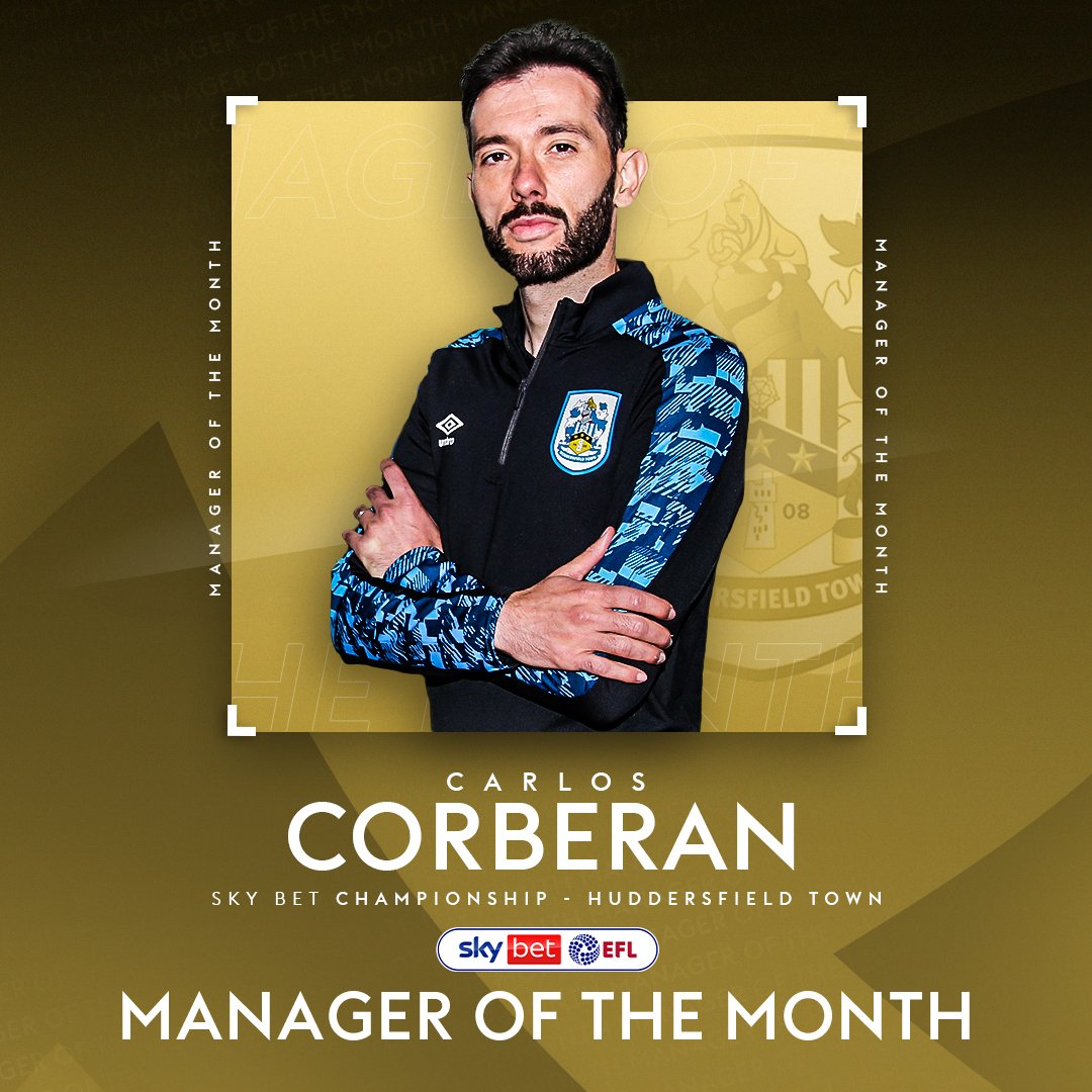 SkyBet's tweet photo. Four wins, four clean sheets and 14 points from six unbeaten fixtures kept up @htafc's promotion push 🐶

Carlos Corberan is the @SkyBetChamp MOTM for February 🏆 #htafc #EFL https://t.co/fx4ZW6Nc3B