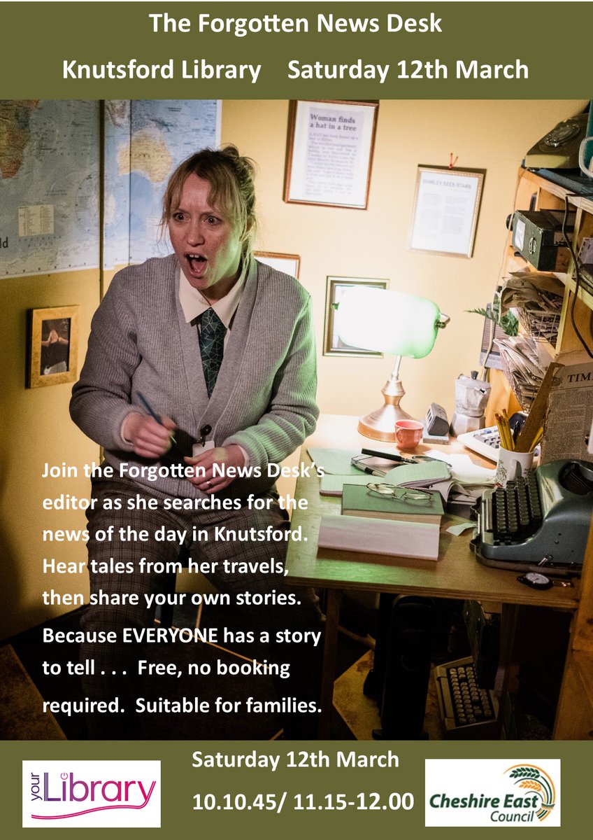 Join Viv, editor of the Forgotten News Desk,  as she tries to capture the news of the day at #Knutsford Library on Saturday morning. Come and share your stories at this interactive event: ow.ly/N04J50Ig7AE

@DiscoverSHIFT <a href="/FilamentProj/">Filament Projects</a>