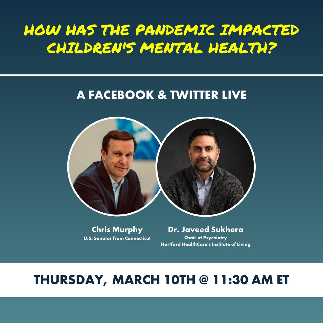 Tune into Facebook or Twitter as Dr. Javeed Sukhera, Chair of Psychiatry at the Institute of Living joins Senator Chris Murphy for an important conversation about the pandemic’s impact on children’s mental health.
