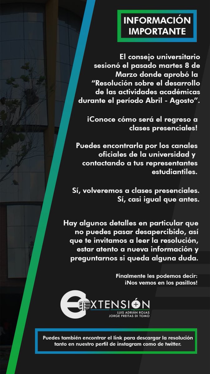 CExtensionUcabG's tweet photo. Hola, tenemos información importante sobre el desarrollo de las clases para el semestre que viene.

Puedes encontrar la resolución sobre el regreso presencial en este link.
Nos vemos en los pasillos 🔰

https://t.co/ZgCfHfJJ2H https://t.co/VCr5Ztdeb7
