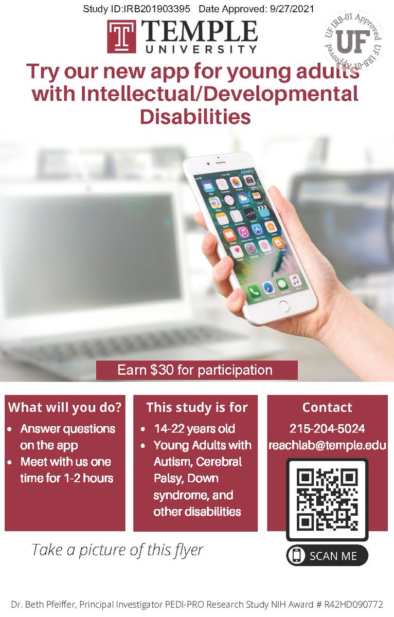 ASERT_PAautism's tweet image. New study from @TempleUniv for young adults with Autism, Cerebral Palsy, Down syndrome, &amp;amp; other disabilities, ages 14-22. Earn $30! 📱

☎️Contact 215-204-5024/reachlab@temple.edu for more info

#Autism #ASD #AutismStudy #SelfAdvocate #TransitionAge
