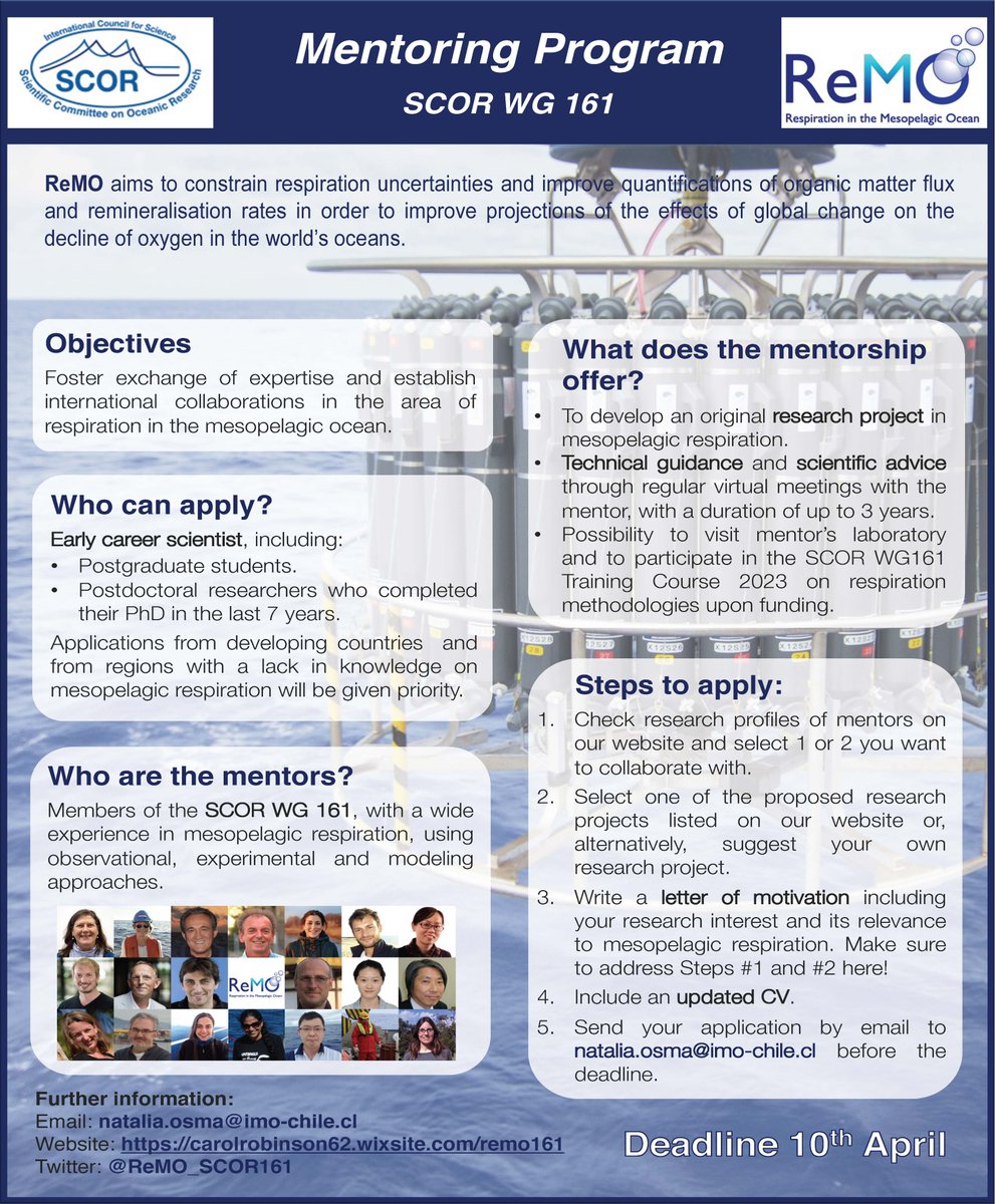 4th ICES PICES Early Career Scientist Conference (@ecsc_4) on Twitter photo Working on respiration in the #mesopelagic ocean?
SCOR <a href="/ReMO_SCOR161/">Mesopelagic Respiration</a> has a fantastic opportunity!
Choose 1 of their experts to help you develop your research in mesopelagic respiration.
📅3 years of guidance & advice!
➡️More details & find your mentor: carolrobinson62.wixsite.com/remo161/copy-o… Working on respiration in the #mesopelagic ocean?
SCOR <a href="/ReMO_SCOR161/">Mesopelagic Respiration</a> has a fantastic opportunity!
Choose 1 of their experts to help you develop your research in mesopelagic respiration.
📅3 years of guidance & advice!
➡️More details & find your mentor: carolrobinson62.wixsite.com/remo161/copy-o…