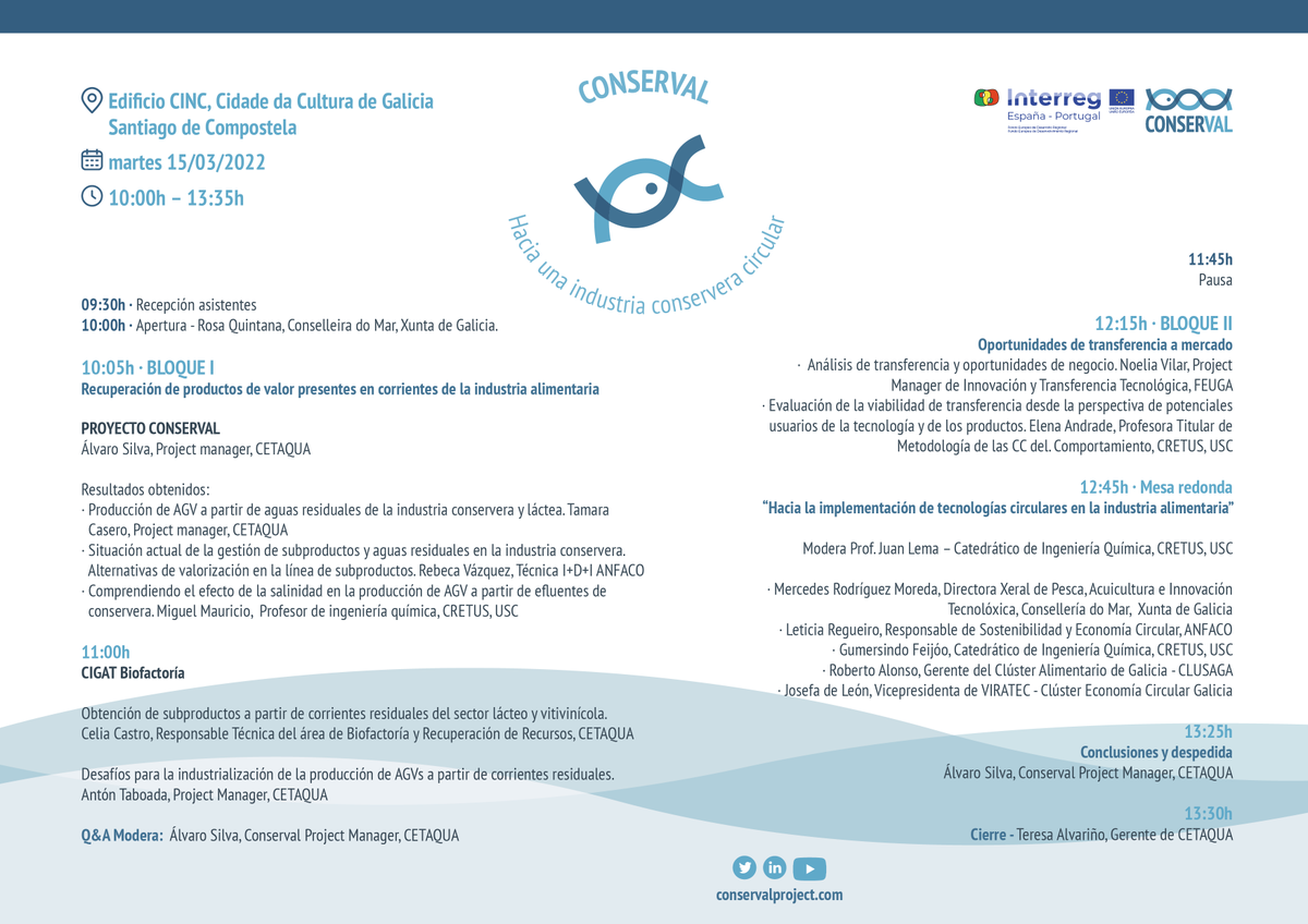 ConservalPoctep's tweet photo. 🎉🤝Ya tenemos cerrada la agenda del Evento Final de #CONSERVAL. Con la apertura de @RosaQuintanaMar @Xunta y el cierre de @TeresaAlvarino @CETAQUA, el resultado es una jornada🔝para compartir y aprender sobre economía circular en la industria conservera.👉https://t.co/LzNrBT26iE https://t.co/4ohvULGiSv