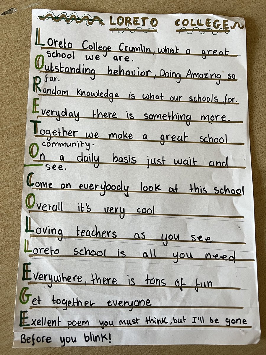 Ms. Farrelly’s first year English students composed their own acrostic poems this week. Minahil Majeed in 1 Keane penned this beautiful poem about our school. 
😍✍️ <a href="/jctEnglish/">JCT English</a>