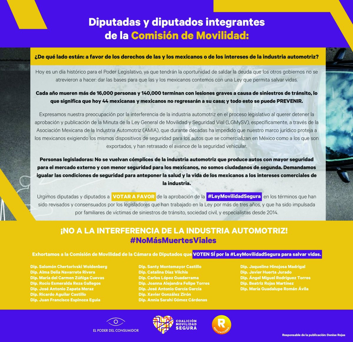elpoderdelc's tweet photo. ¿De qué lado estarán los diputados en la votación histórica por una #LeyMovilidadSegura🚸?

Pedimos a la @MovilidadCom votar SÍ por una Ley SIN CAMBIOS para salvar vidas y NO ceder ante las presiones de la @AmiaMexico, que considera a las y los mexicanos ciudadanos de segunda. https://t.co/mThm6Y7HbL