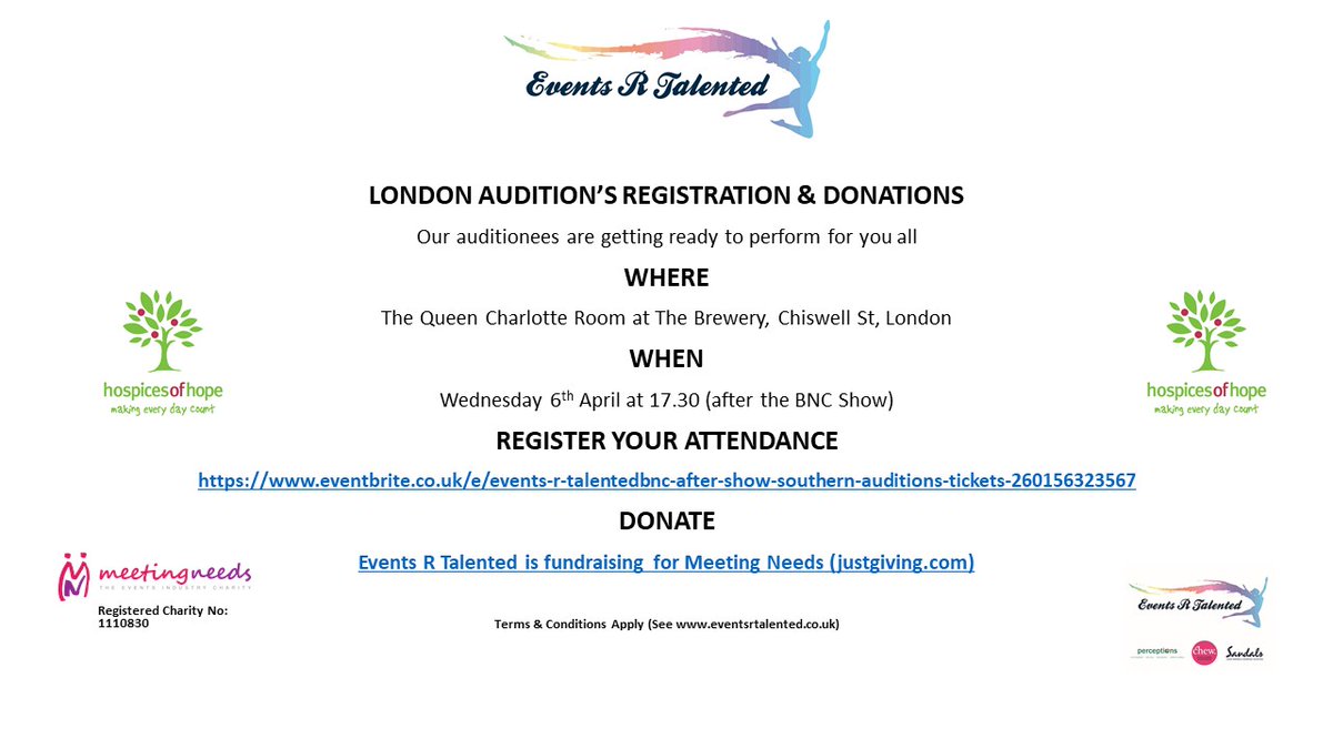 The date is set for the @eventsrtalented  auditions

See our acts perform, win or bid for some great prizes

Support our charity @HospicesofHope via <a href="/UKMeetingNeeds/">Meeting Needs</a>
 
Wednesday 6th April 5.30 pm after <a href="/BNCEventShow/">The BNC Show</a>
 at <a href="/theBreweryVenue/">the Brewery</a>

Register now at eventbrite.co.uk/e/events-r-tal…