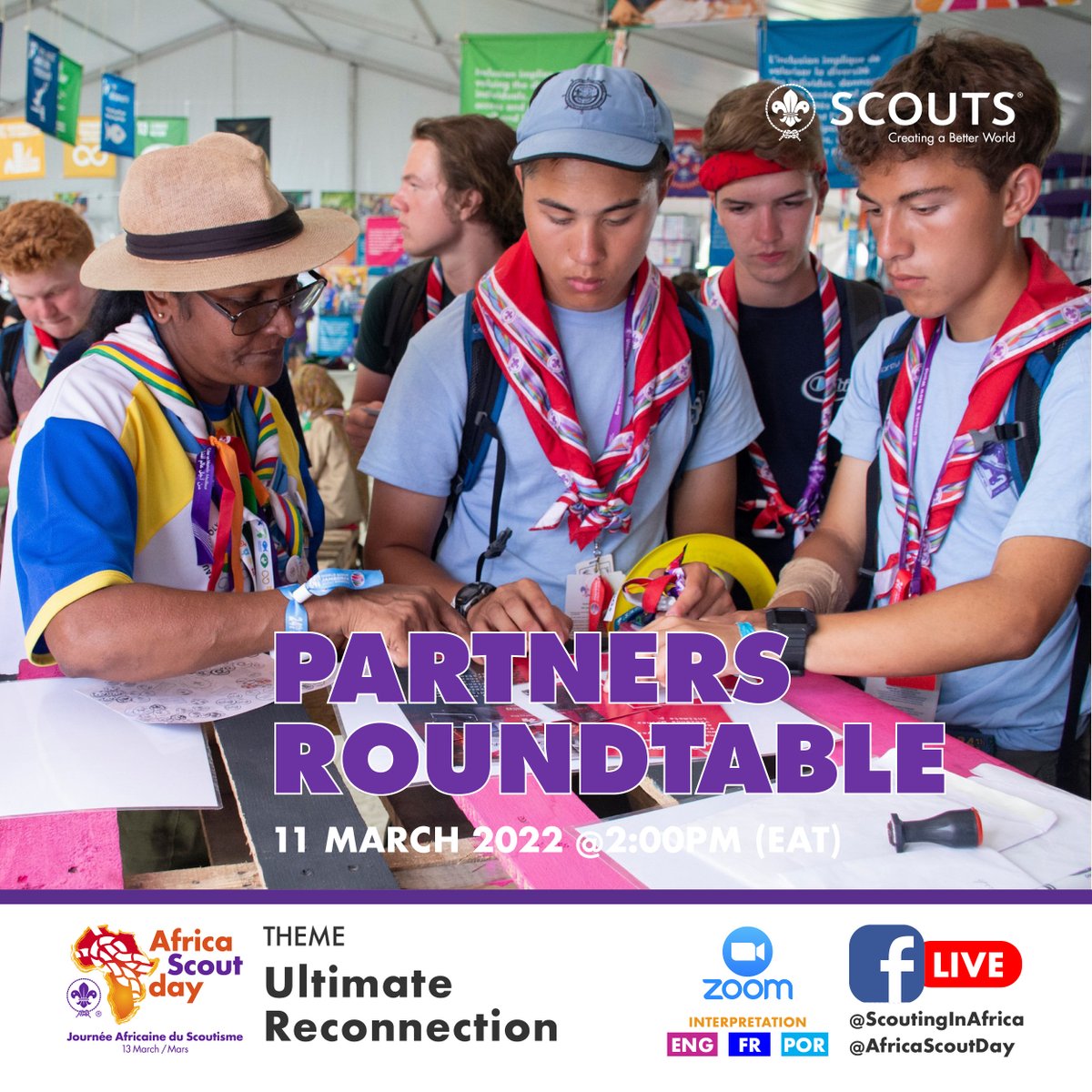 ScoutingAfrica's tweet photo. Join us for the SCOUTS Partners Round-table meeting tomorrow, Friday, 11th March 2022 from 02:00PM to 03:30PM (East Africa Time) to learn about our current and potential partnerships that your NSO can leverage. 

Join Zoom Meeting: https://t.co/62hcMUZyEr #Scouts #AfricaScoutDay https://t.co/AtPTI1Vm7a