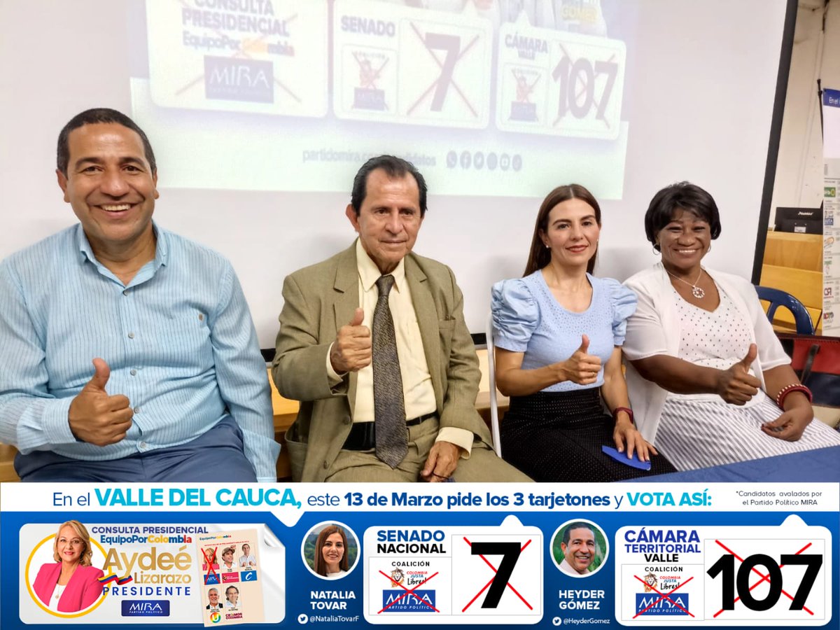 HeyderGomez's tweet photo. #VotaMIRASenadoYCámara 

✅Más oportunidades de empleo 
✅Dialogo Social
✅Reactivación económica. 

13 de marzo, pide los tres tarjetones y vota @PartidoMIRA

Senado Nacional MIRA y 7️⃣❌
Cámara Valle MIRA y 1️⃣0️⃣7️⃣❌
Consulta Presidencial #EquipoPorColombia 
👩🏼‍💼 @AydeeLizarazoc ❌ https://t.co/rnw9JRCeBi