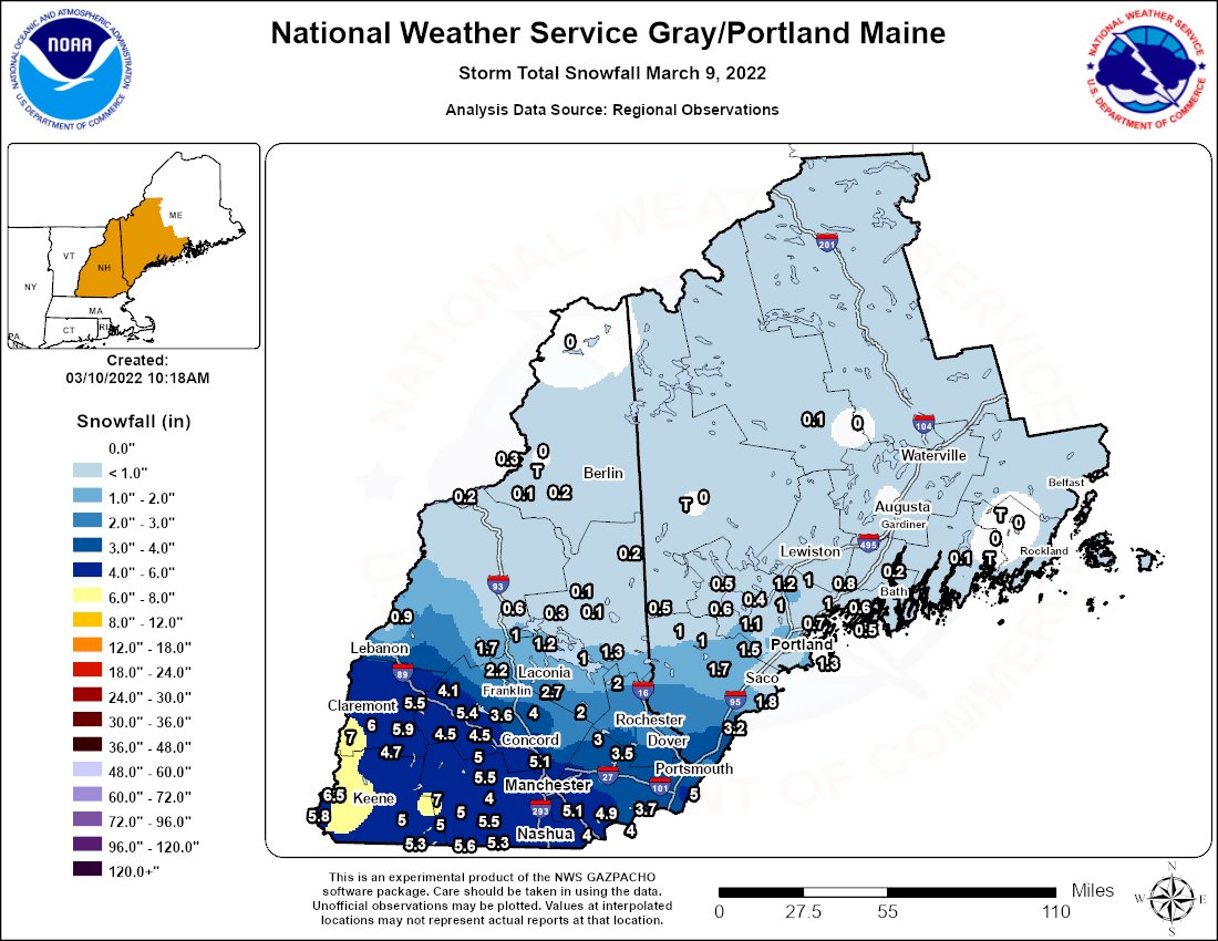NWS Gray on Twitter "Good morning! Here are the snowfall totals from