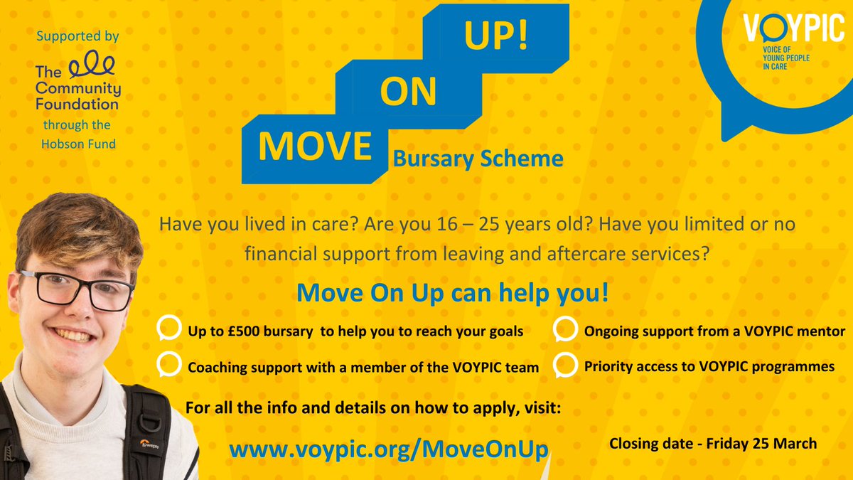 VOYPIC's tweet image. Olivia is studying English. With help from the #MoveOnUp scheme, she was able to buy a printer, desk and chair, allowing her to keep studying at home. 

Are you care experienced, aged 16-25, with limited support? Move On Up can help. For all the info visit voypic.org/moveonup
