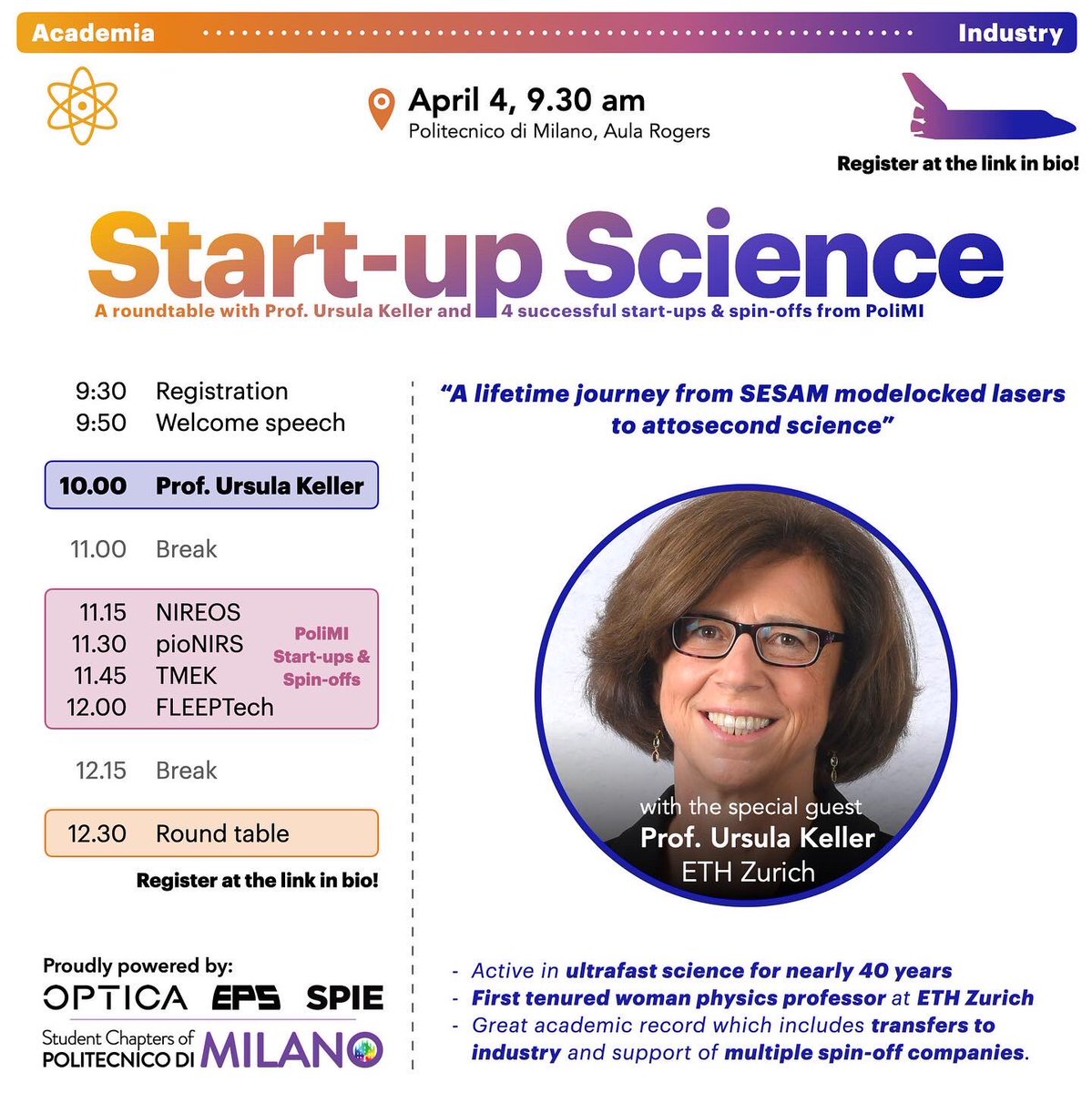 🚀  Hi! Our next event will be “start-up science”, featuring Prof. Ursula Keller from ETH Zurich as a keynote speaker, and 4 spinoffs and start-ups from <a href="/polimi/">Politecnico di Milano</a> and <a href="/IITalk/">IIT</a> that will share their inspiring stories over a round table discussion! (1/2)