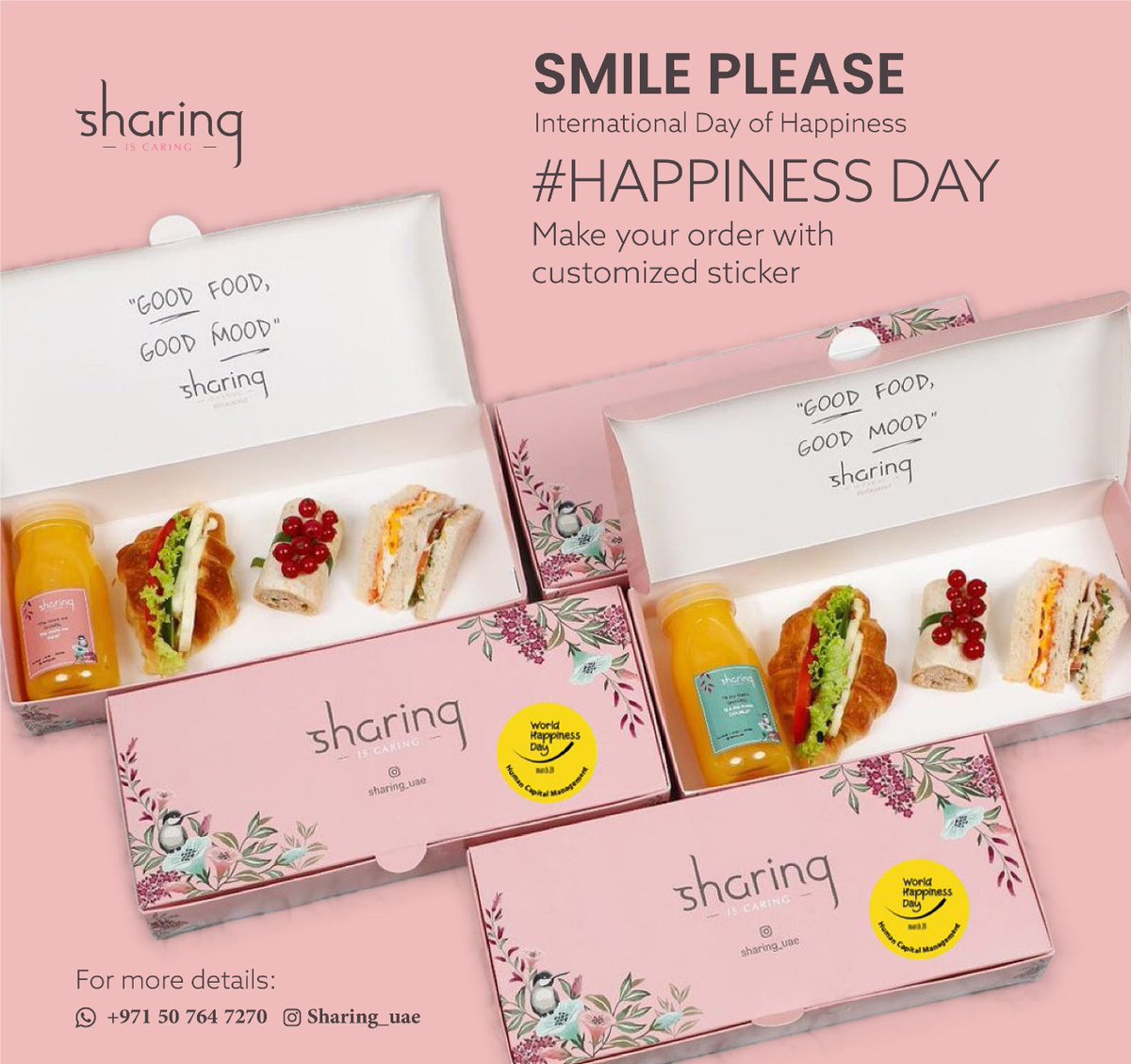 sharingrest's tweet image. This happiness day, put a smile on the people around you with our boxes!
Choose from any options you like!

Price AED: 25 per box

Minimum order - 40 boxes

Contact us on: 0507647270

#happiness #happinessday #corporate #foodbox #sandwiches #abudhabi #dubai #uae #alain