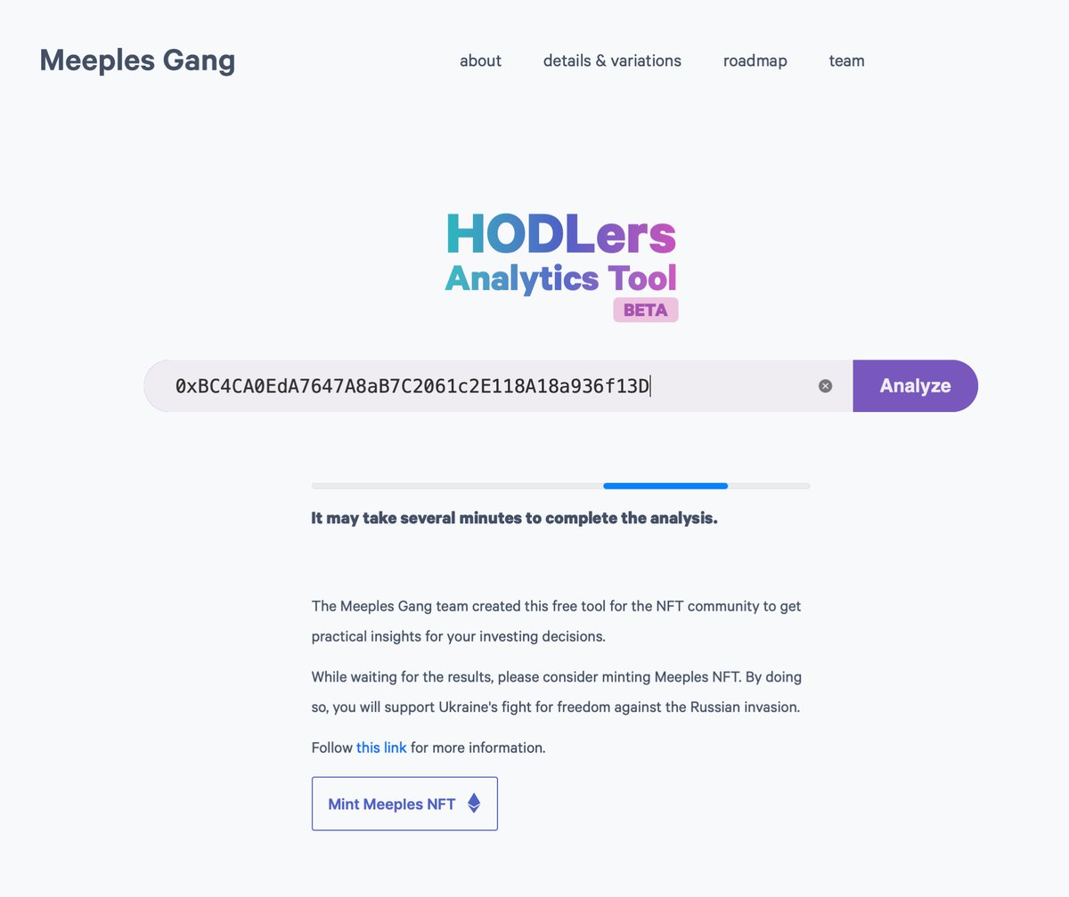 MeeplesGang's tweet photo. We're thrilled to announce an NFT analytics tool.
The goal is to bring attention to our initiative to support Ukraine 🇺🇦 by making our internal tools available for free to the NFT community.
The release is expected in the upcoming days. https://t.co/Ywd19U99jV