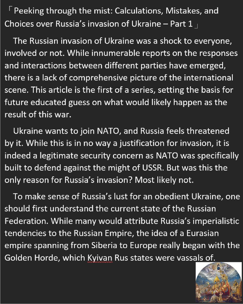PeeposDaily's tweet photo. 「Peeking through the mist: Calculations, Mistakes, and Choices over Russia’s invasion of Ukraine – Part 1」1/

『...Russia didn’t hesitate to invade because of adversaries, it chose to invade because of them.』

#Russia #invasion #RussiaInvadesUkraine #Ukraine #PutinsWar https://t.co/zNiyBXjobA