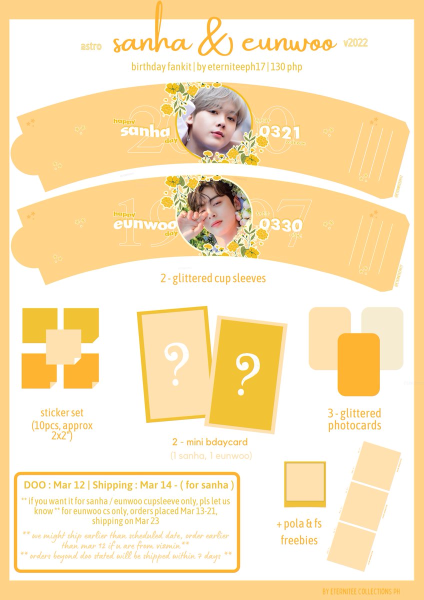 eterniteeph17's tweet photo. #ecphGO🐨

#ASTRO SANHA &amp; EUNWOO CUPSLEEVE BIRTHDAY FANKIT 💖

130 PHP
- Glittered Cup Sleeve (2pcs)
- Mini BirthdayCard
- Glittered Photocard (3pcs) (random pics)
- Sticker set (10 pcs)

DOO: 03/12
TARGET SHIPPING DATE: 03/14

WE MIGHT SHIP EARLIER THAN EXPECTED :) https://t.co/EsjXWd4bOf