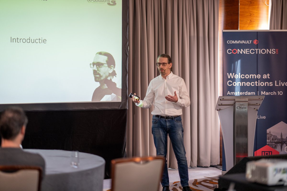 Commvault's tweet photo. The #ConnectionsLive event in Amsterdam is in full swing! Jos Meijer of #CVPartner @sjsolutionsbv shares real customer #ransomware protection and recovery experiences https://t.co/1atSUwWV2o https://t.co/rBhGg17kWK