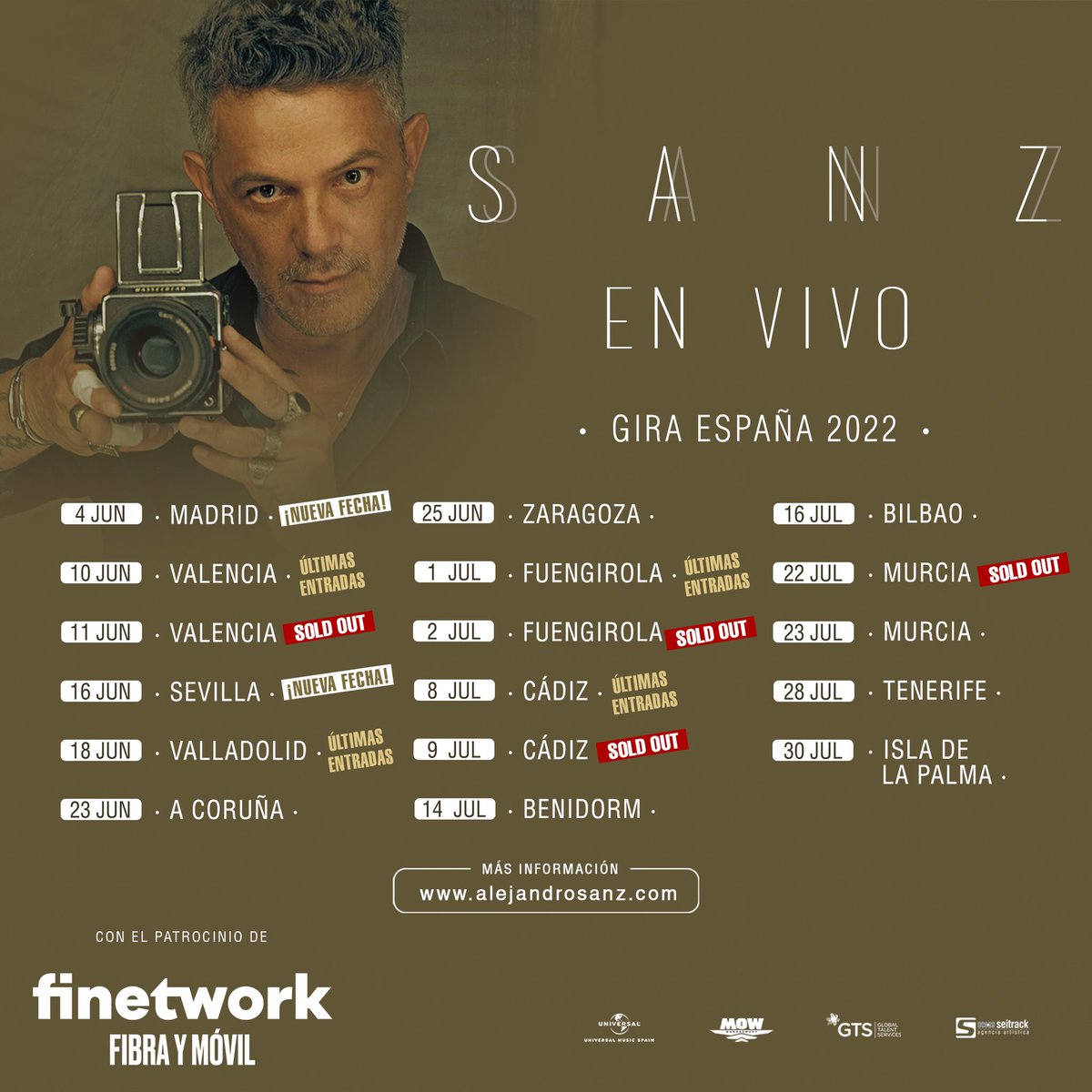 AlejandroSanz's tweet photo. #SANZenVivo suma dos nuevas fechas: Madrid y Sevilla. Esta gira se escribe con ganas y se subraya en equipo. Cada concierto será único e irrepetible 🙌
Doy la bienvenida a este equipo a @Finetwork 
Entradas disponibles el martes 15 a las 10:00(CET)
https://t.co/bG37eQz36p https://t.co/incVUtdW74