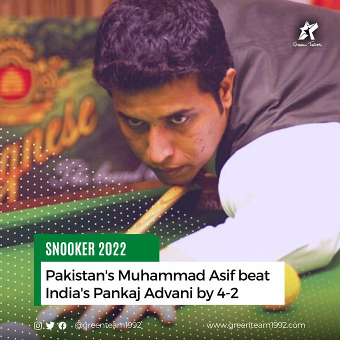 AbdulHanjrah's tweet photo. Pakistani star snooker player Muhammad Asif beats Indian player Pankaj Advani in the quarter-final of snooker championship.

#Snookee | #LevelHai | #GreenTeam | #OurGameOurPassion | #KhelKaJunoon https://t.co/Ho1MPNyxM4