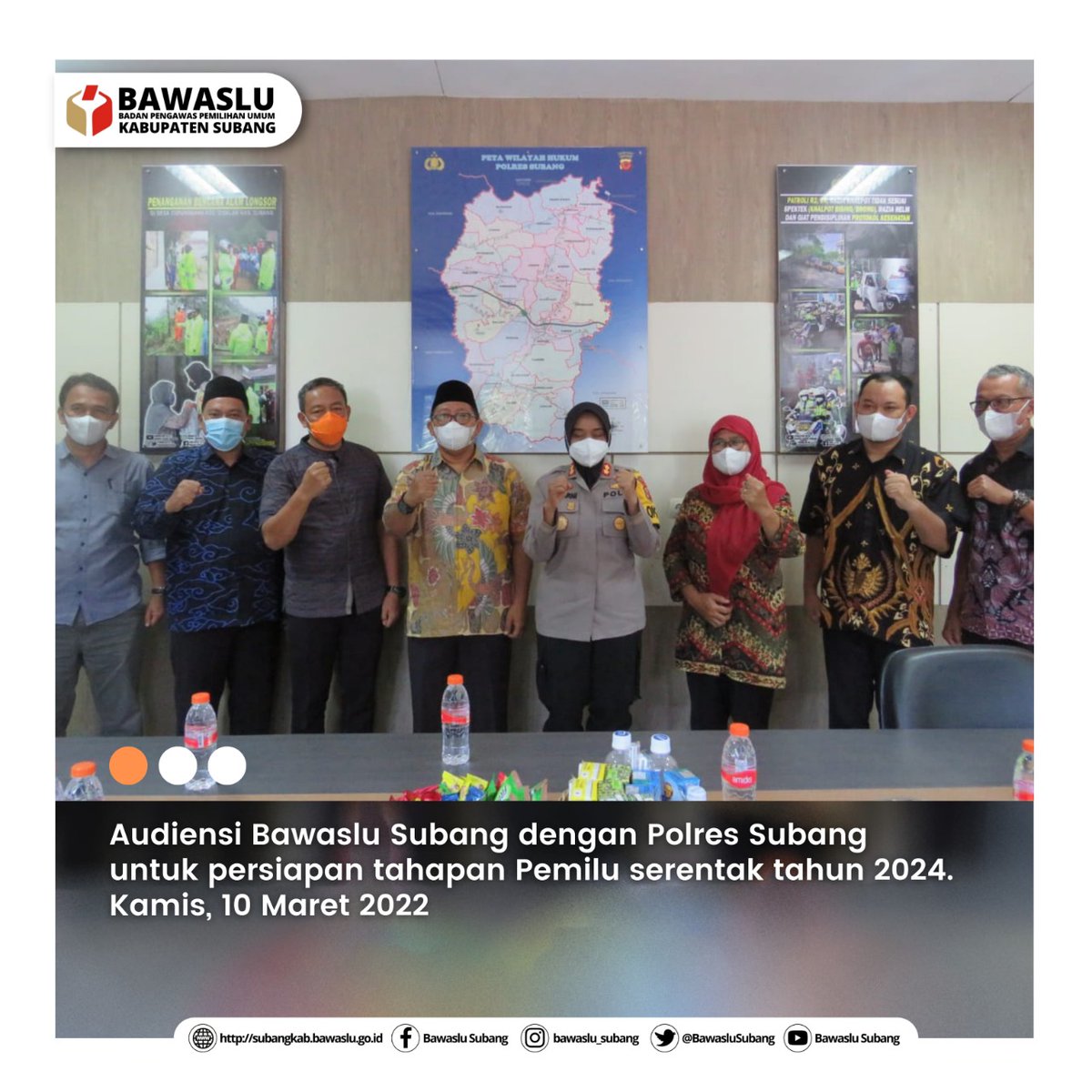 BawasluSubang's tweet photo. #sahabatbawaslu

(10/03/22) Bawaslu Subang mengadakan Audiensi dengan Polres Subang.

Audiensi ini merupakan bentuk koordinasi antara Bawaslu Subang dengan Polres Subang untuk dapat bekerja sama dan saling mendukung dalam rangka persiapan tahapan Pemilu dan Pemilihan Tahun 2024. https://t.co/WYCtS1WSYe