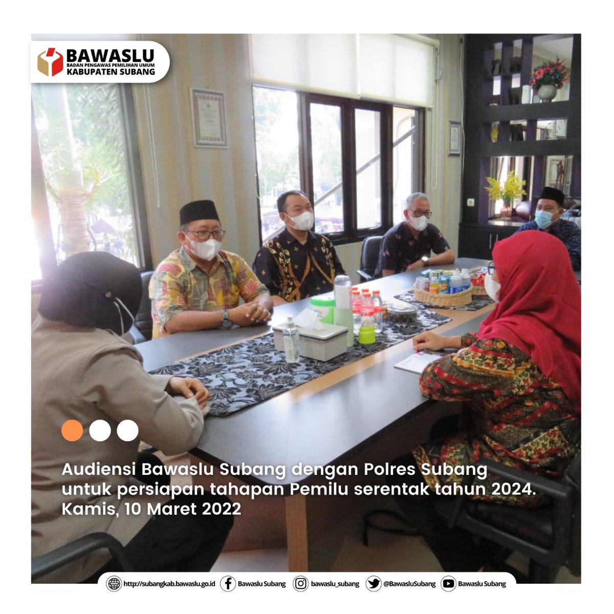 BawasluSubang's tweet photo. #sahabatbawaslu

(10/03/22) Bawaslu Subang mengadakan Audiensi dengan Polres Subang.

Audiensi ini merupakan bentuk koordinasi antara Bawaslu Subang dengan Polres Subang untuk dapat bekerja sama dan saling mendukung dalam rangka persiapan tahapan Pemilu dan Pemilihan Tahun 2024. https://t.co/WYCtS1WSYe