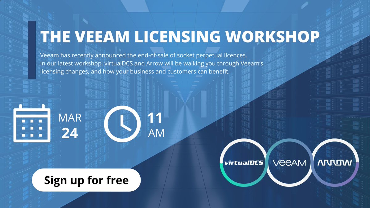 virtualDCS's tweet photo. There's still time to sign up to the final #workshop this March.

Join us as we walk you through #Veeam's #licensing changes and how your business and customers can benefit.

Sign up for free by clicking on the link below
https://t.co/1ls4bie6CJ 
@Arrow_dot_com  @Veeam @Veeam_UKI https://t.co/CAtFmLv35p