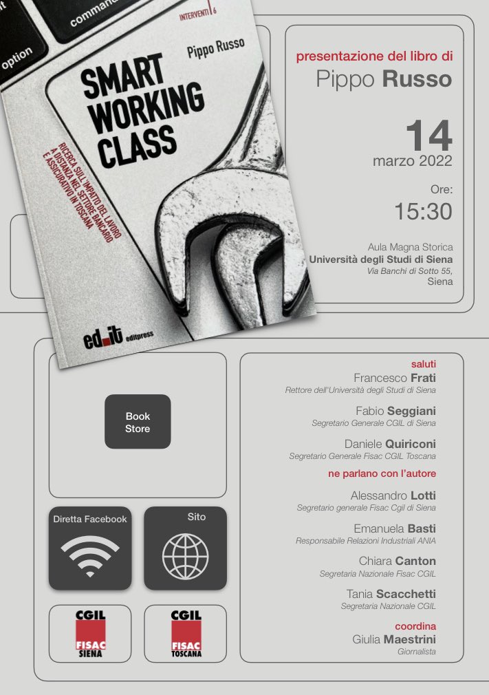 cgiltoscana's tweet photo. I limiti, le paure, i rischi, le opportunità e le insofferenze: #smartworking nel settore del credito, lunedì 14 marzo a #Siena presentazione del libro di Pippo Russo a #Siena con la Fisac Cgil. Interverrà anche Tania Scacchetti di #Cgil nazionale
👉 https://t.co/daRaf4YxKL https://t.co/UnugpStDoH