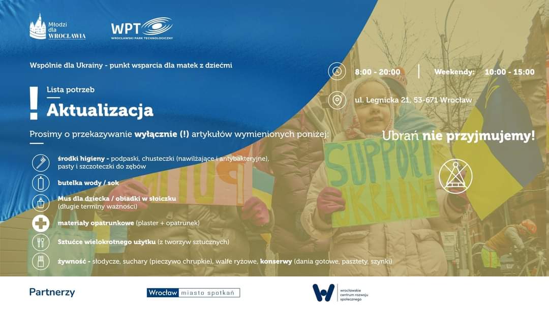 W galerii BWA na dworcu PKP jest przygotowany punkt dla matek z dziećmi 🇺🇦🇵🇱 Przypominamy też, że nieustannie zbieramy potrzebne rzeczy dla mam i małych dzieci w punkcie zorganizowanym przy ul. Legnickiej 21

#StandWithUkraine <a href="/SutrykJacek/">Jacek Sutryk</a> <a href="/technolog_park/">WPT | Wrocławski Park Technologiczny</a>