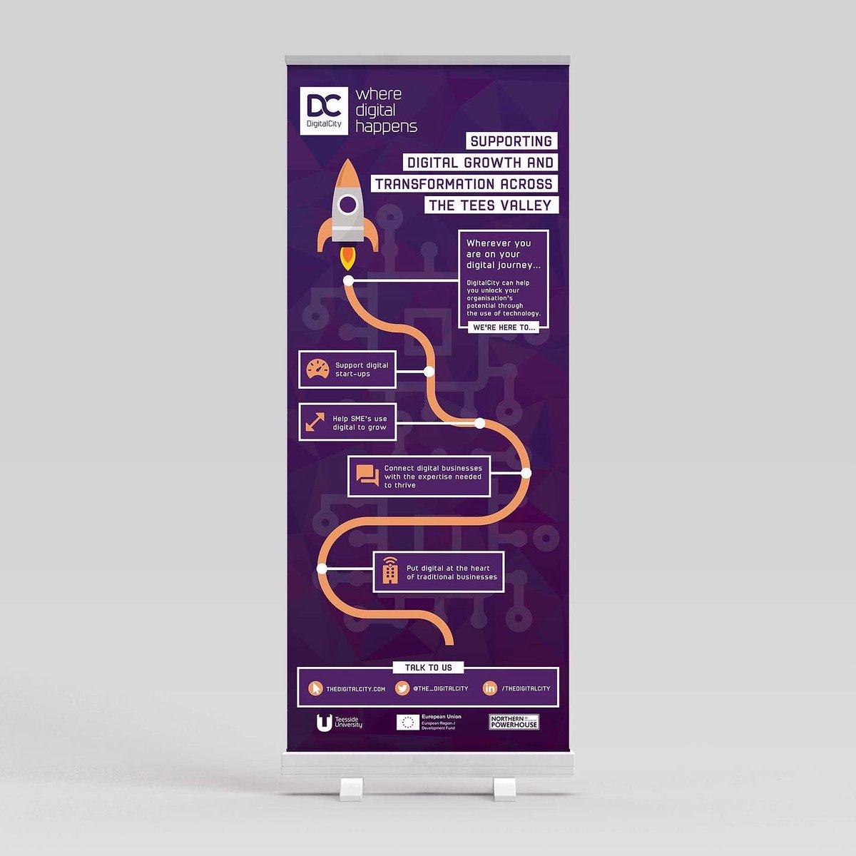 BrainboxStudios's tweet photo. Visually engaging design helping businesses communicate their brand messaging 📣

We created these pop up banners recently for @dcinnov &amp; @TeessideUni https://t.co/CHJMJd3lan