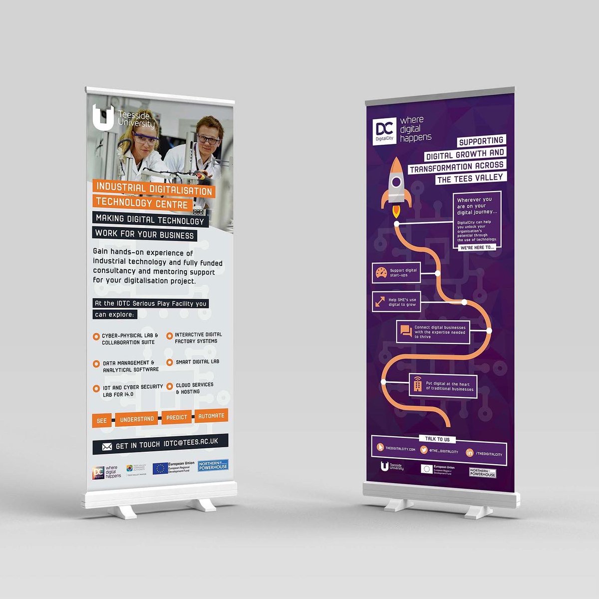 BrainboxStudios's tweet photo. Visually engaging design helping businesses communicate their brand messaging 📣

We created these pop up banners recently for @dcinnov &amp; @TeessideUni https://t.co/CHJMJd3lan