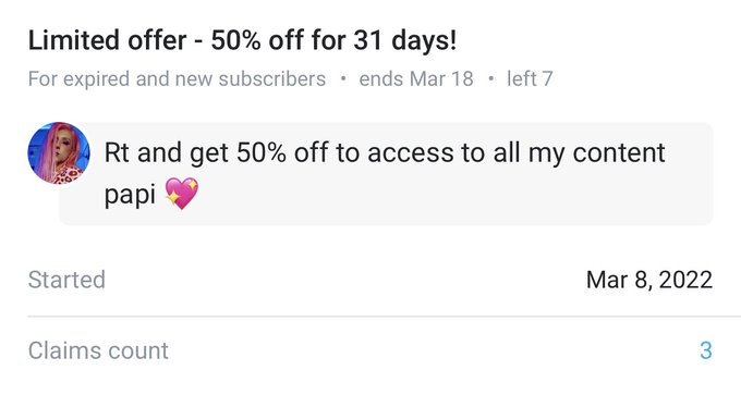 My onlyfhas a discount 🤫🙄&hellip;. RT one of my videos and I send you the link.  7 Spots available 🙈💖 see you<a href="/tag/legs"class="tags"><span>#legs</span></a><a href="/tag/girl"class="tags"><span>#girl</span></a><a href="/tag/sexy"class="tags"><span>#sexy</span></a><a href="/tag/hot"class="tags"><span>#hot</span></a><a href="/tag/horny"class="tags"><span>#horny</span></a><a href="/tag/cd"class="tags"><span>#cd</span></a><a href="/tag/hotgirl"class="tags"><span>#hotgirl</span></a><a href="/tag/crossdresser"class="tags"><span>#crossdresser</span></a>