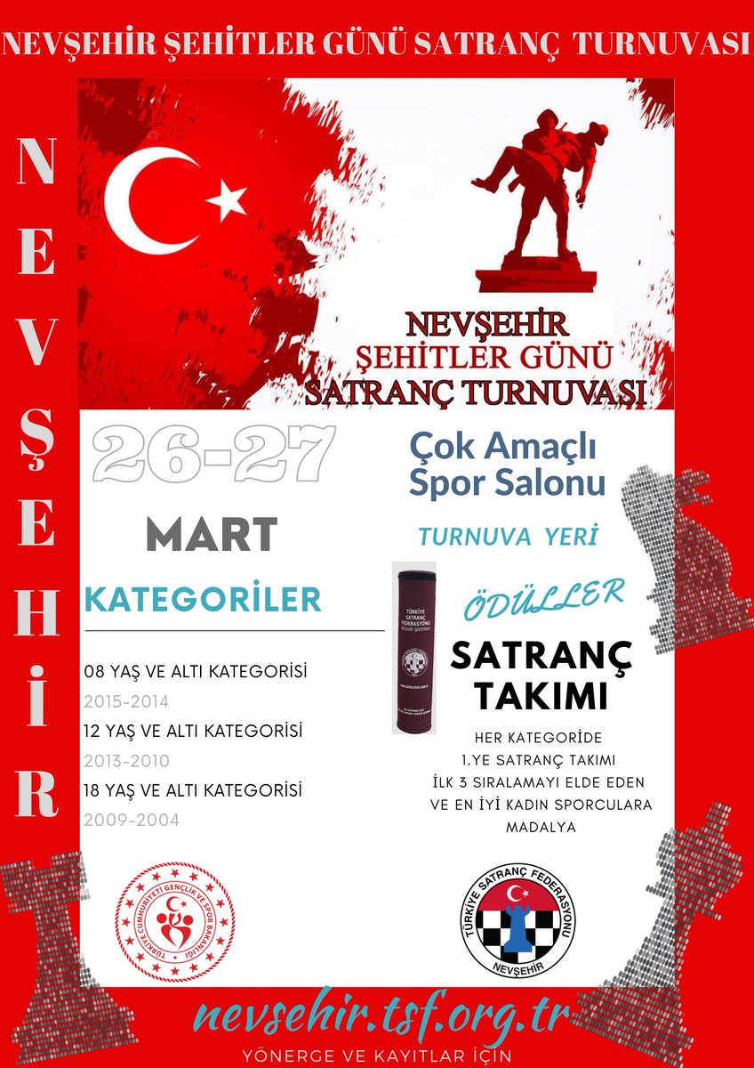 26-27 Mart 2022 tarihlerinde Çok Amaçlı Spor Salonu'nda gerçekleştirilecek olan Nevşehir Şehitler Günü Satranç Turnuvası Yönergesi ve başvuru için; nevsehir.tsf.org.tr <a href="/TurkishChess/">Türkiye Satranç Federasyonu</a> <a href="/Muhsinozdemir50/">Muhsin ÖZDEMİR</a> <a href="/GSB_Nevsehir/">Nevşehir Gençlik ve Spor İl Müdürlüğü</a>