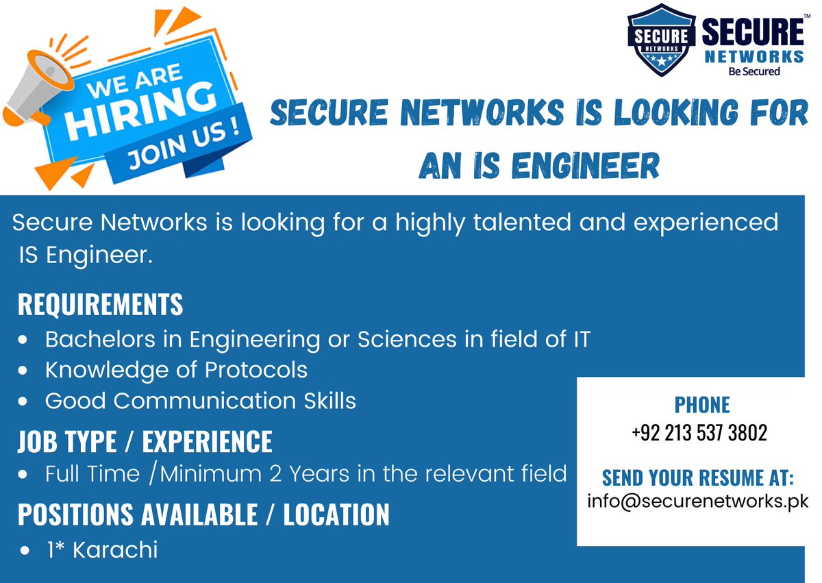 SecureNetworksp's tweet image. WE ARE HIRING!!

Secure Networks (Pvt.) Ltd is looking for an Information Security Engineer for Karachi.

Kindly send your resume at info@securenetworks.pk

#ISEngineer
#jobposting
#vacancy
#vacancyalert
#BeSecured
+92 213 537 3802
info@securenetworks.pk
securenetworks.pk