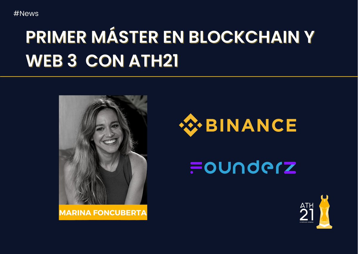 ATH21legal's tweet photo. 💥 No te pierdas el nuevo máster online en #Blockchain y #Web3 lanzado por @TheBinanceNFT &amp; @founderz. Clases dictadas por grandes referentes como nuestra especialista @FoncuMarina. 
¿Quieres saber más del mundo del #metaverso #NFTS y #criptomomendas? ➡️ https://t.co/vCnPI5usce https://t.co/sHe1011PDM
