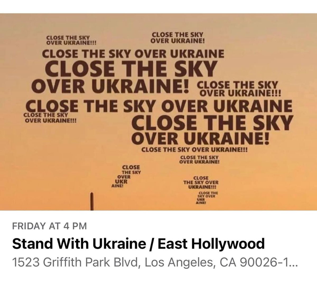 standwithukr_la's tweet photo. We call on the entire LA community to join the Ukrainian-American diaspora Friday, March 11, at 4:00 pm to STOP BLOODSHED in Ukraine!
Friday: March, 11 , 2022
Time: 4:00 pm 
Location: 
Sunset triangle plaza 
1523 Griffith Park Blvd
More information: https://t.co/QsKhkFh7q5 https://t.co/740ccqtxFW