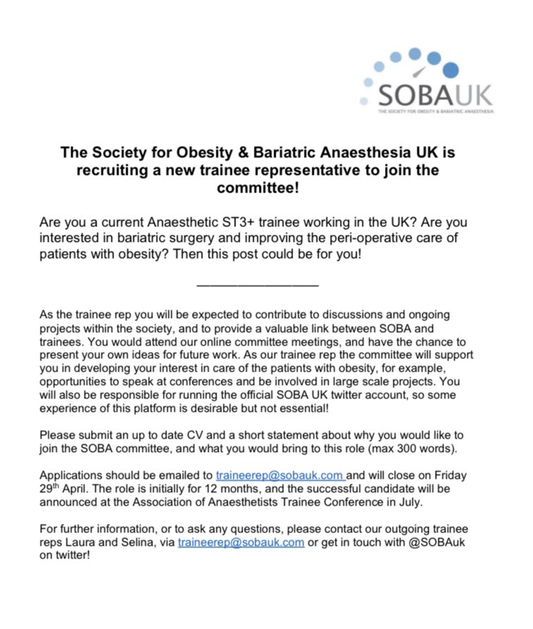 SOBAuk's tweet photo. WE’RE RECRUITING! ☺️🤩Applications are now open. Join a fun, fresh and forward thinking team. 🤓🔥#trainee #anaesthesia #TraineeRep #BariatricAnaesthesia https://t.co/uKrbThAs9X