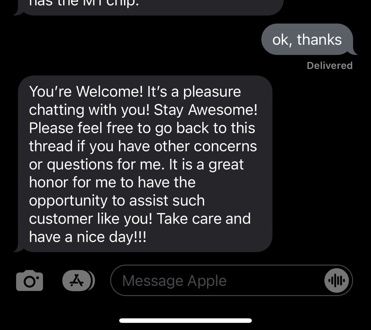 cat_mac's tweet photo. This message from Apple Support has overshot 'effusively friendly' and landed in 'withering sarcasm' https://t.co/EH9pySHgJI