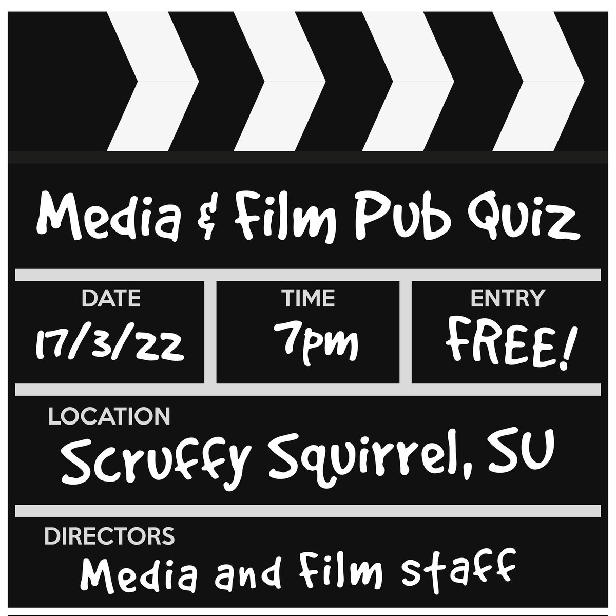 Keele_MCC's tweet photo. REMINDER: Media &amp; Film Pub Quiz next Thursday!!! 😁 7pm in the Scruffy Squirrel https://t.co/62yRNoB8Vr