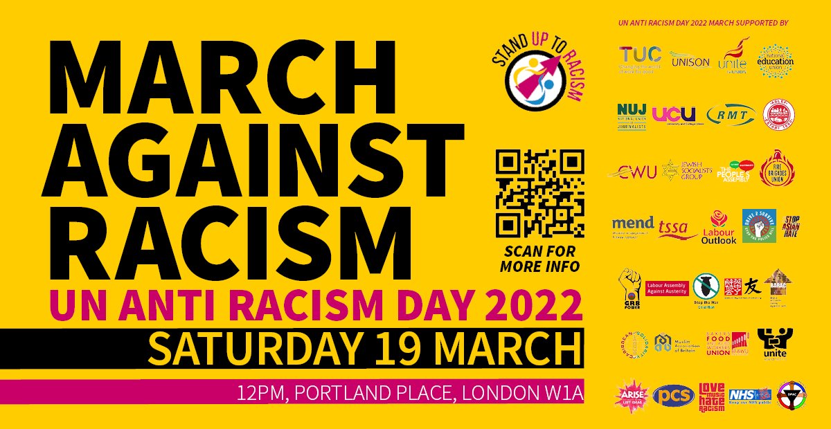 Join the #MarchAgainstRacism on Saturday 19 March.

Demonstrations are taking place in London, Glasgow and Cardiff to mark UN Anti-Racism Day.

#AllRefugeesWelcome