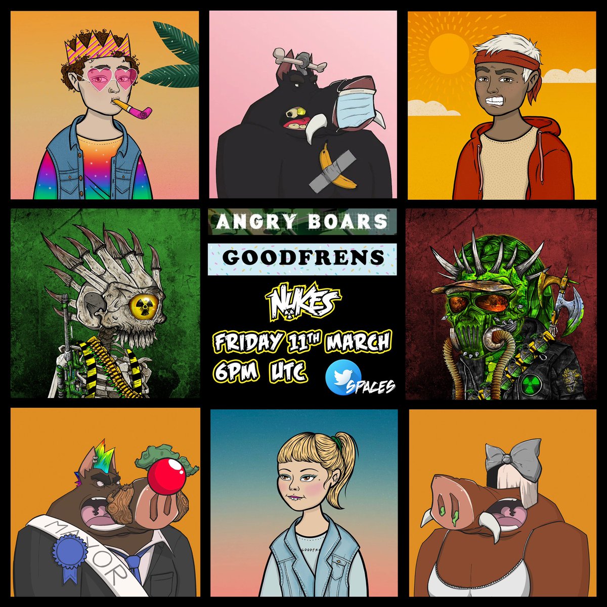 CrazySkullzSaga's tweet photo. Can’t wait to hang up with our frens from @angryboars and @GoodfrensNFT  tomorrow on Twitter Spaces!👁

Friday vibe will kick in and we’ll talk about @nftworldsNFT , $WRLD and more surprises.

🤟See you in the BOARd room where you can never get bored: https://t.co/b9fuKvT9da https://t.co/axiYAuEti2